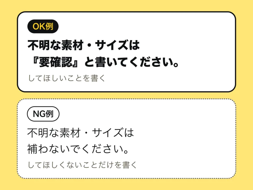 書き方の例。OK例は「不明な素材・サイズは『要確認』と書いてください」とする、してほしいことを書く形。NG例は「不明な素材・サイズは補わないでください」とする、してほしくないことだけを書く形。